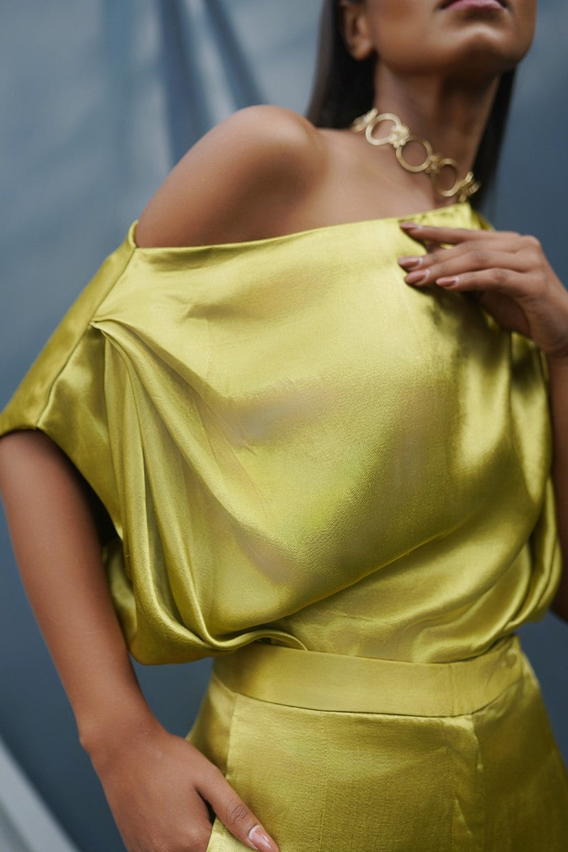 Silk Off Shoulder Top-Green