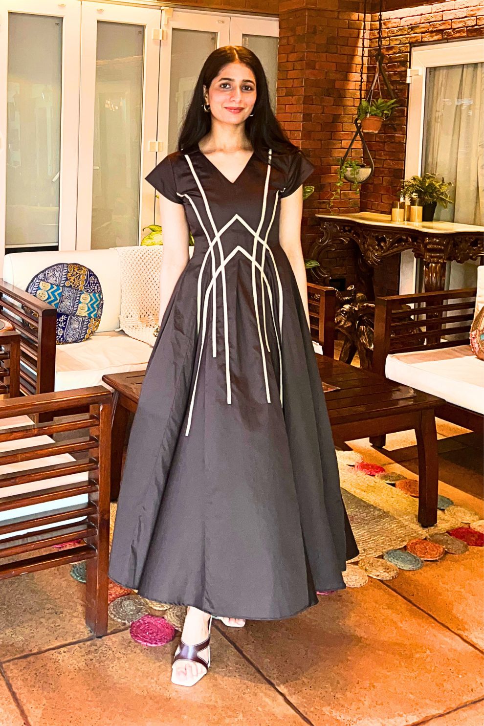 White Midi Dress with Cool Black Detailing