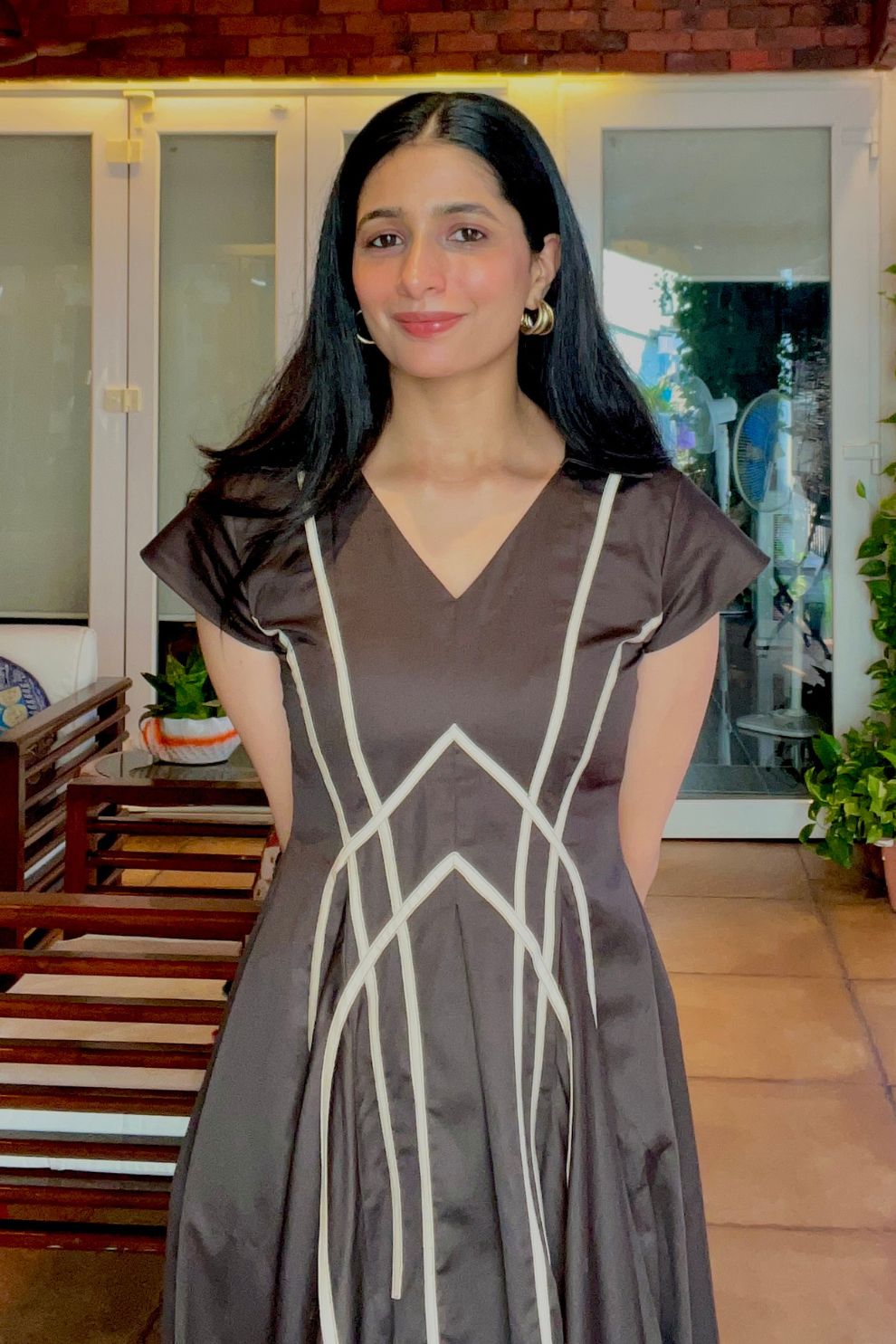 Mocha Midi Dress with Beige Detailing