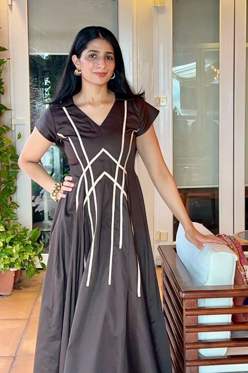 Mocha Midi Dress with Beige Detailing