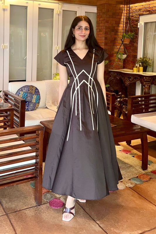 Mocha Midi Dress with Beige Detailing
