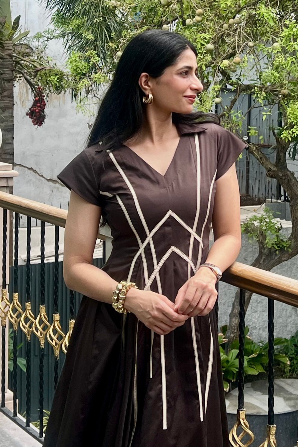 Mocha Midi Dress with Beige Detailing