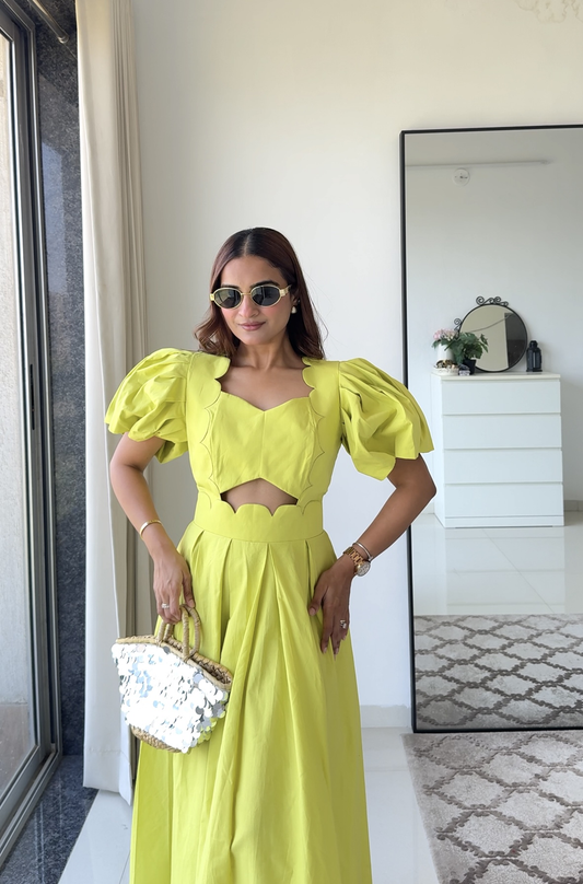 Lime Yellow Cut-Out Cotton Midi Dress