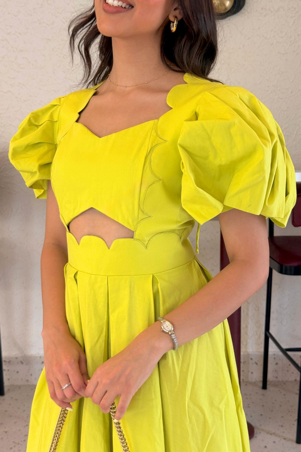 Lime Yellow Cut-Out Cotton Midi Dress