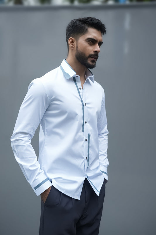 Grey Piped Pure Cotton Shirt