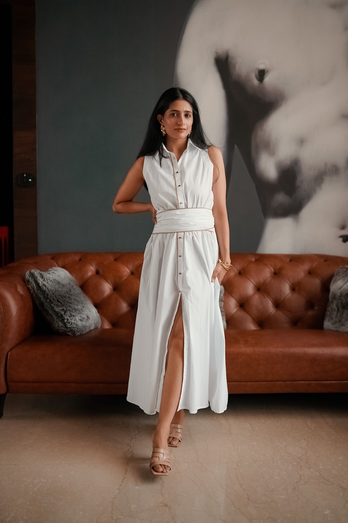 White Belted Midi Dress