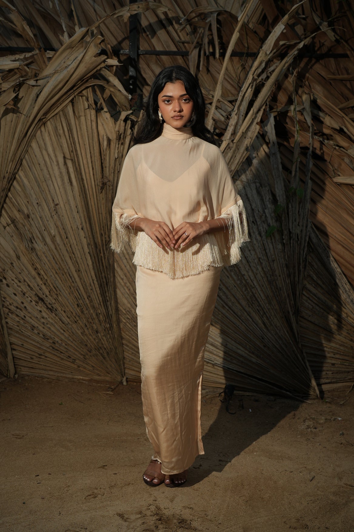 The Solene Fringe Cape Set - Champagne
