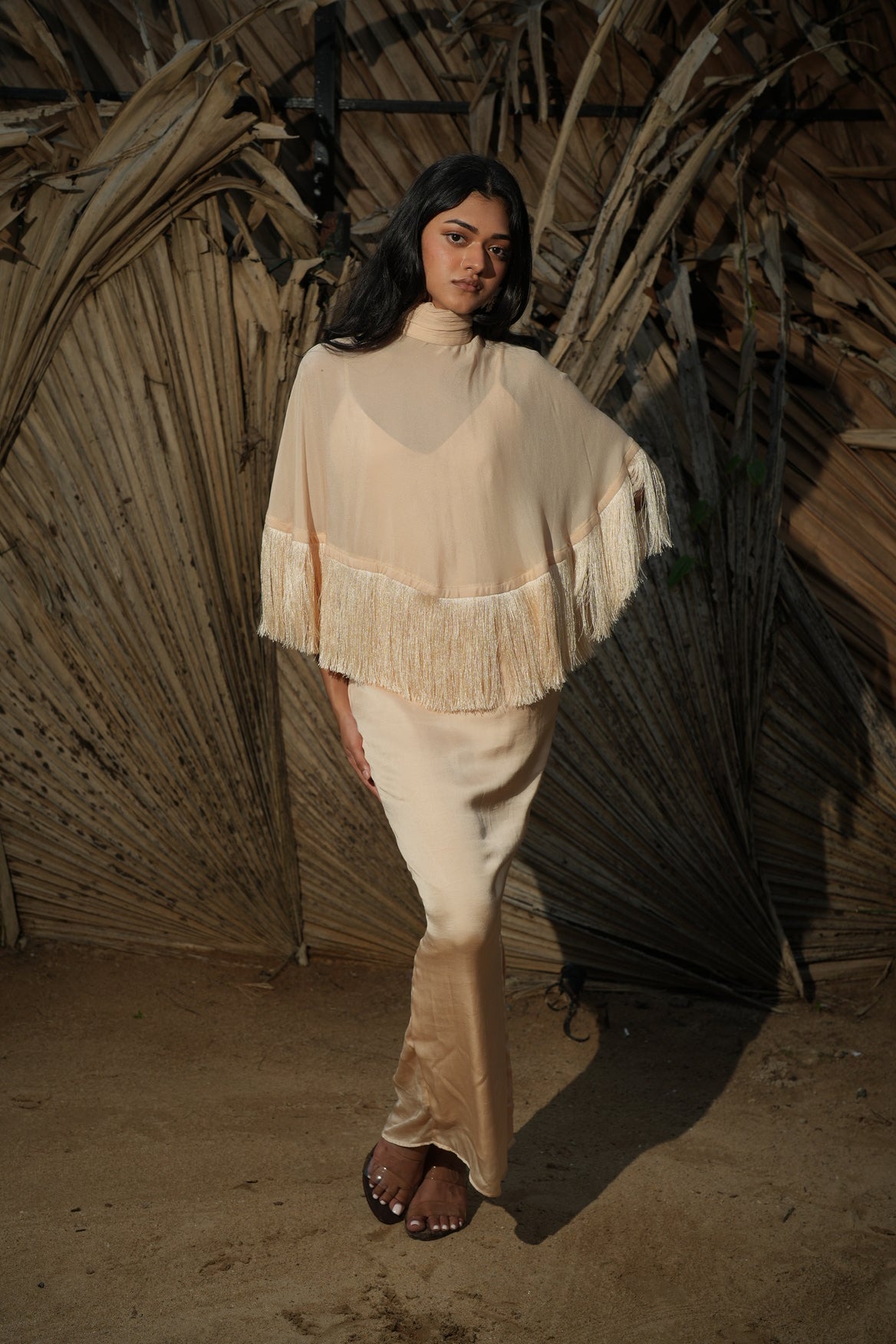 The Solene Fringe Cape Set - Champagne