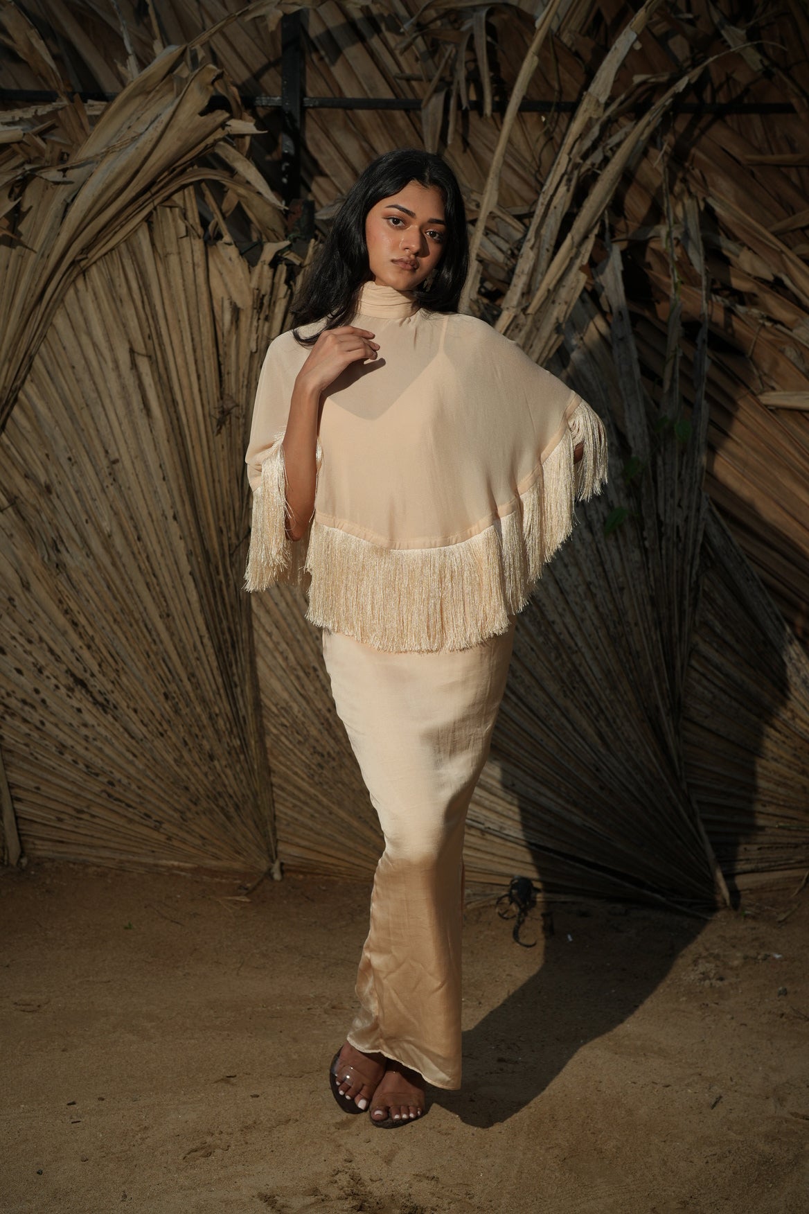 The Solene Fringe Cape Set - Champagne
