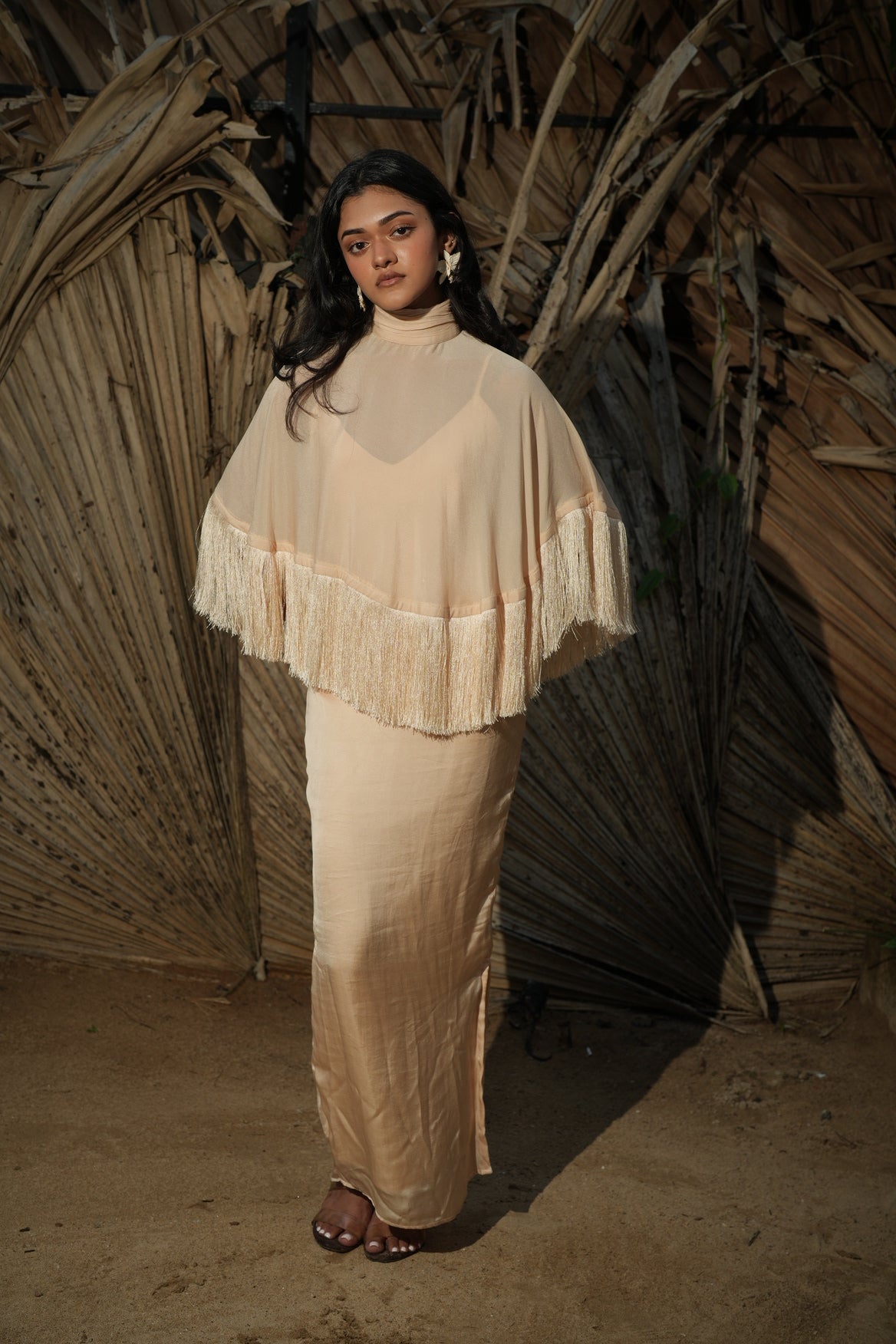 The Solene Fringe Cape Set - Champagne