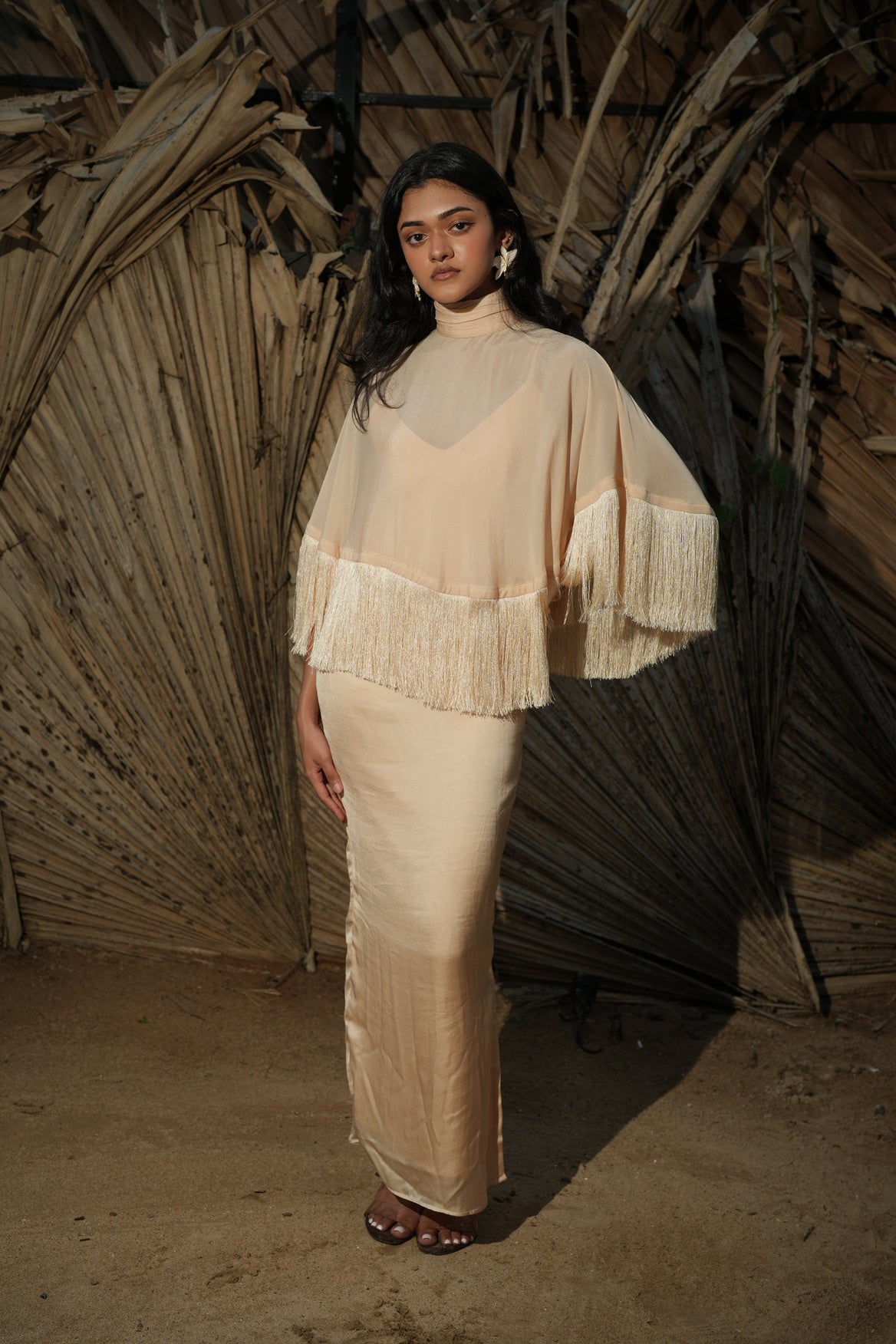 The Solene Fringe Cape - Champagne