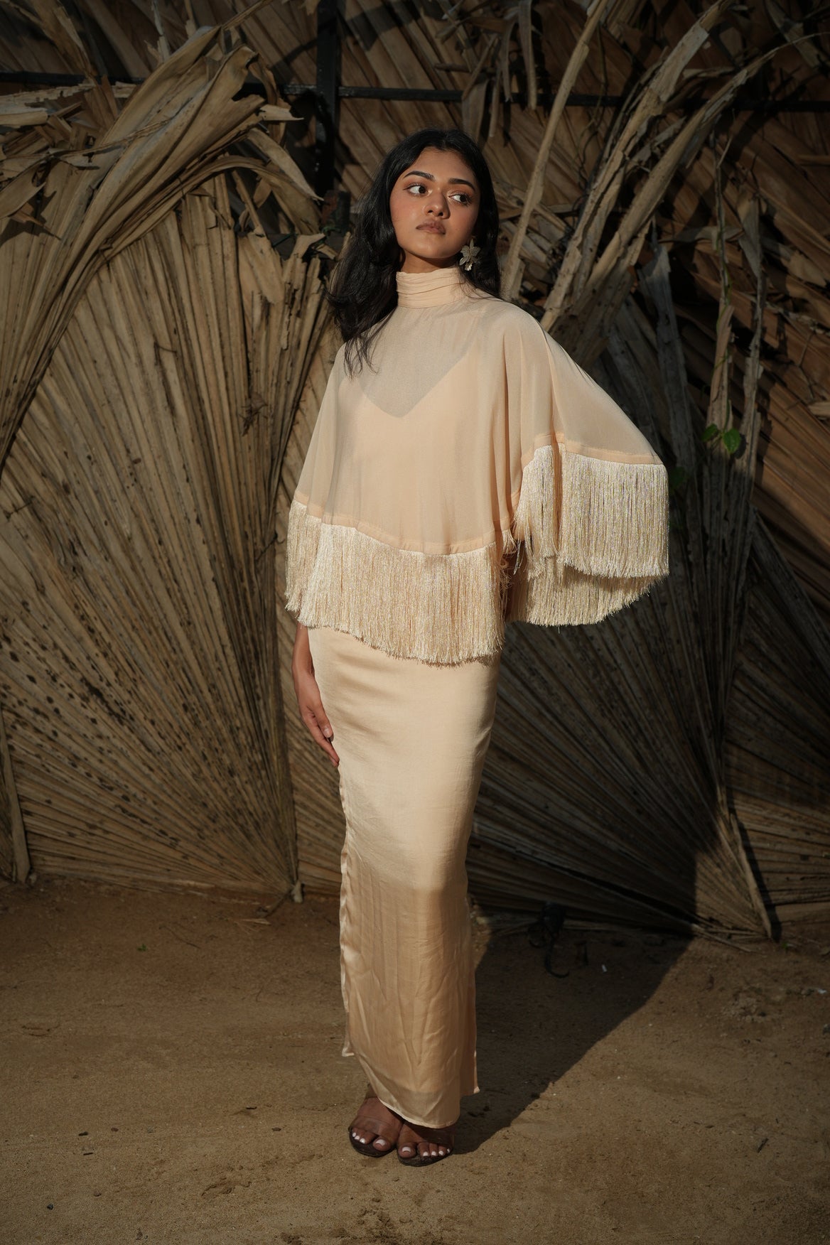 The Solene Fringe Cape - Champagne