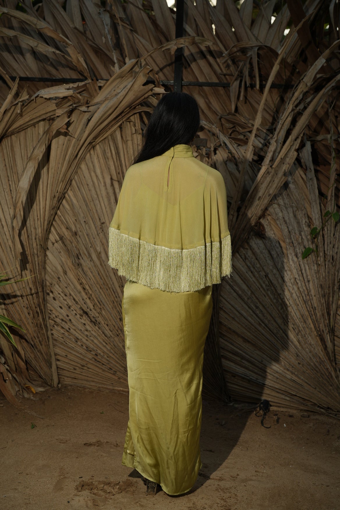 The Solene Fringe Cape - Lime