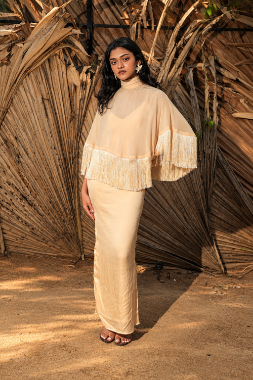 The Solene Fringe Cape - Champagne