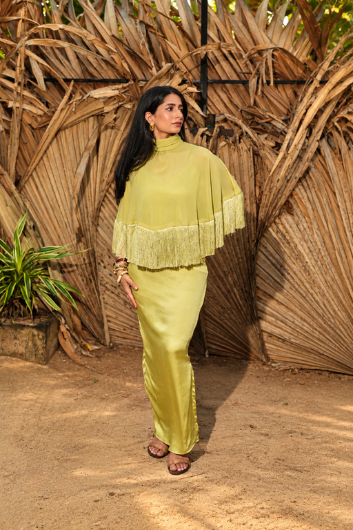 The Solene Fringe Cape - Lime