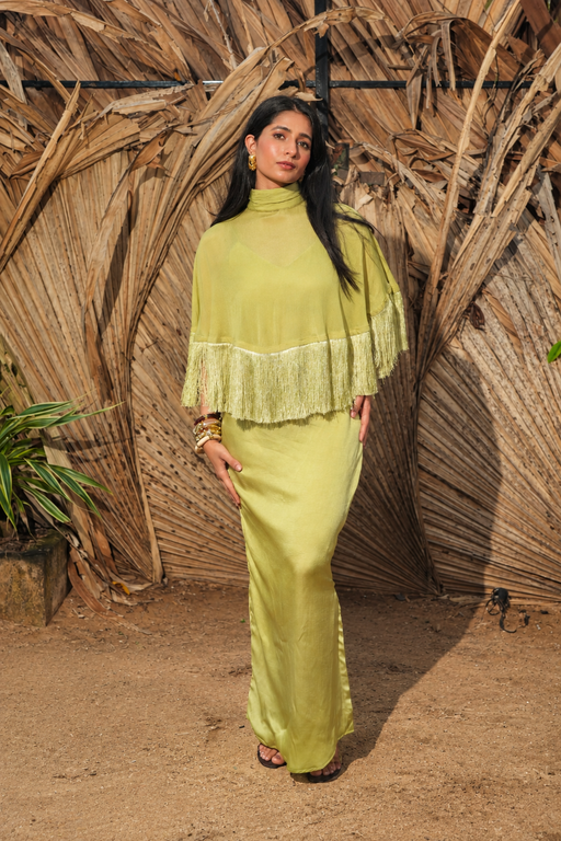 The Solene Fringe Cape - Lime