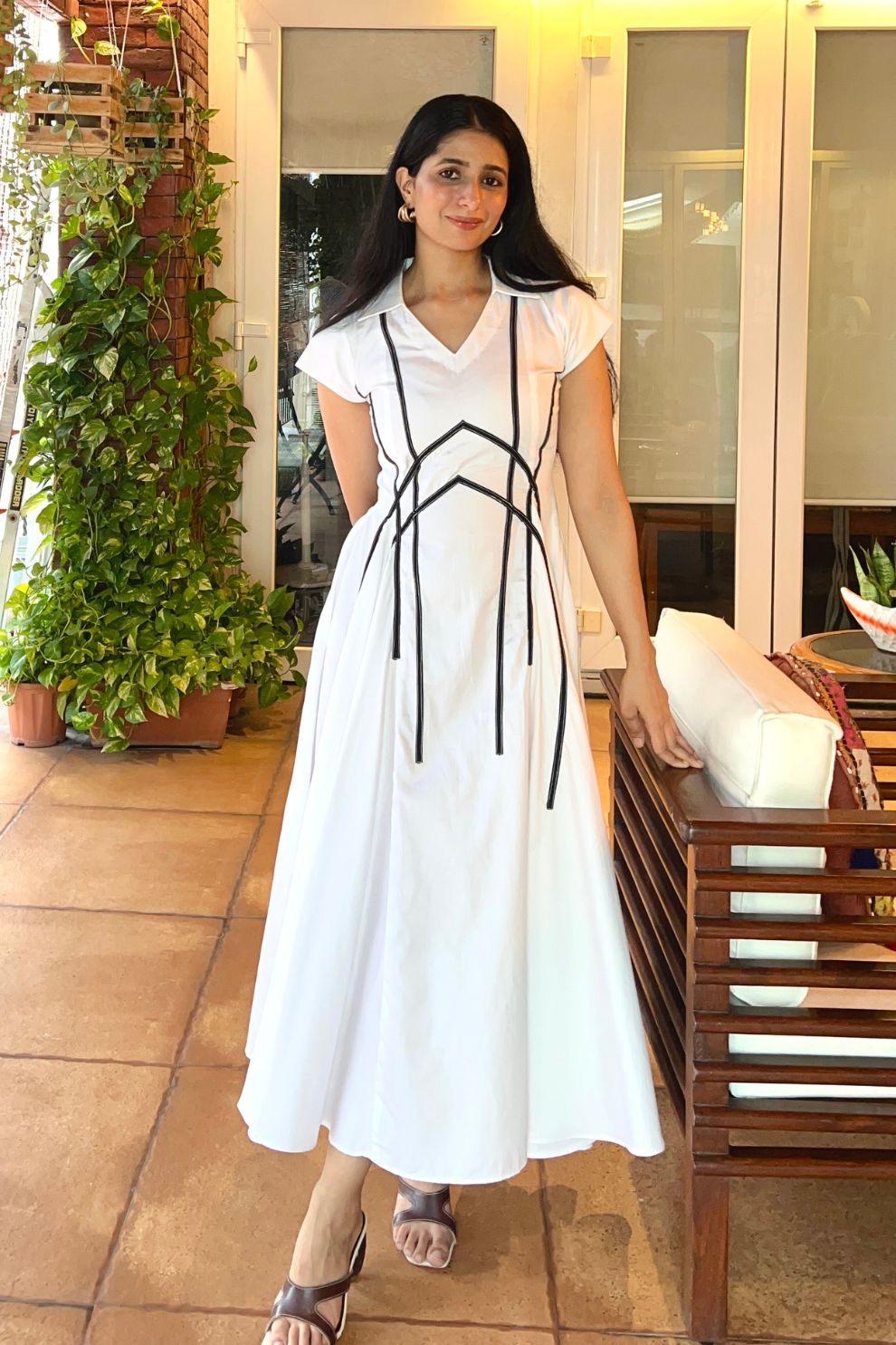 White Midi Dress with Cool Black Detailing