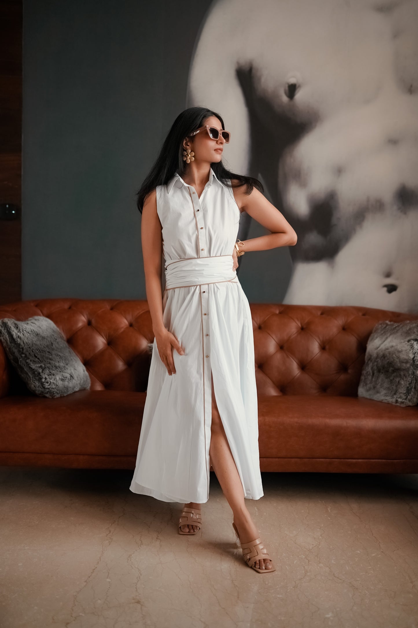 White Belted Midi Dress