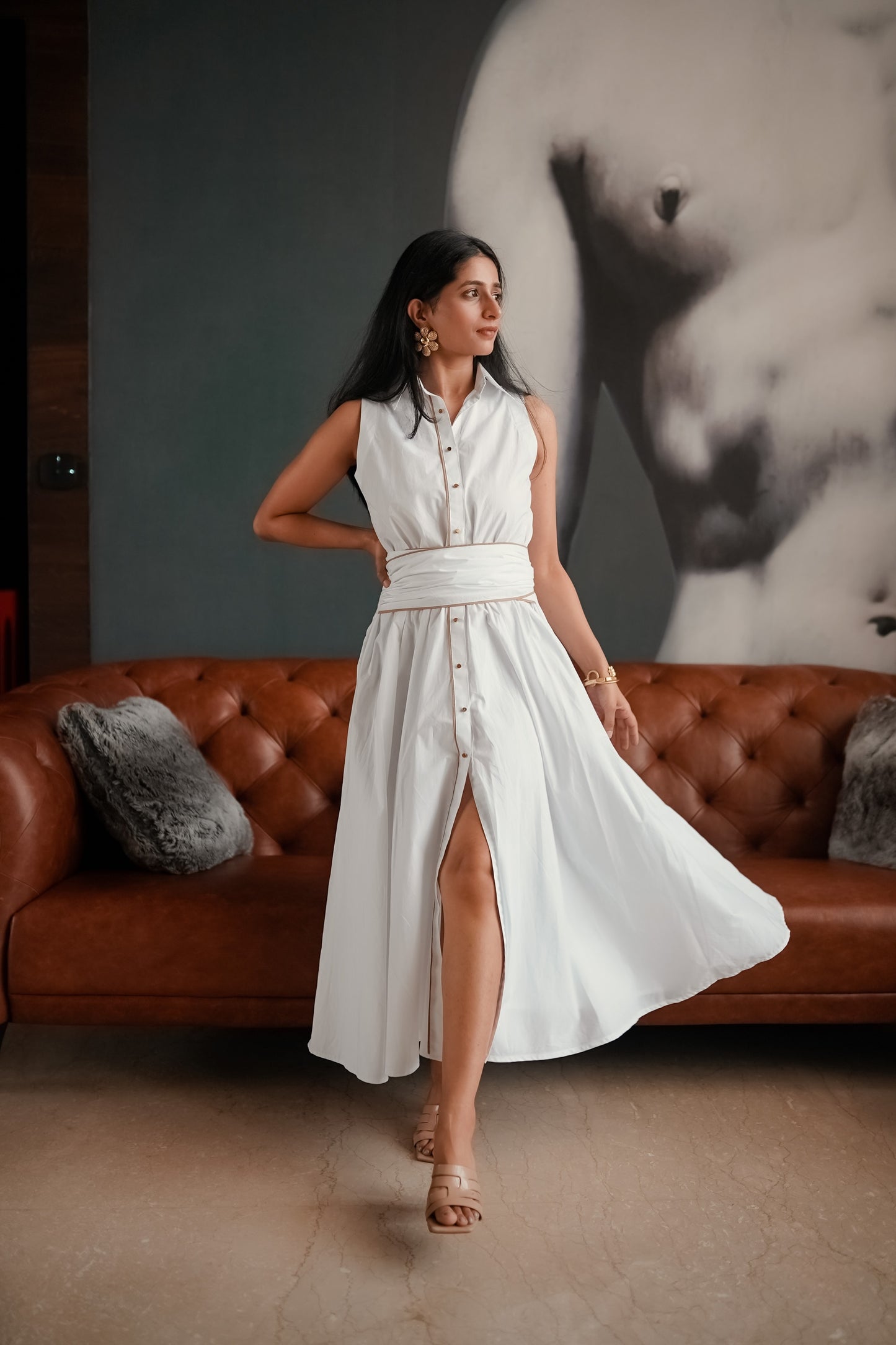 White Belted Midi Dress