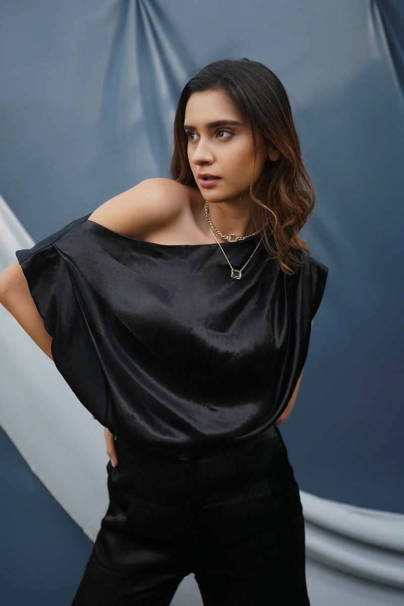 Silk Off Shoulder Set-Black