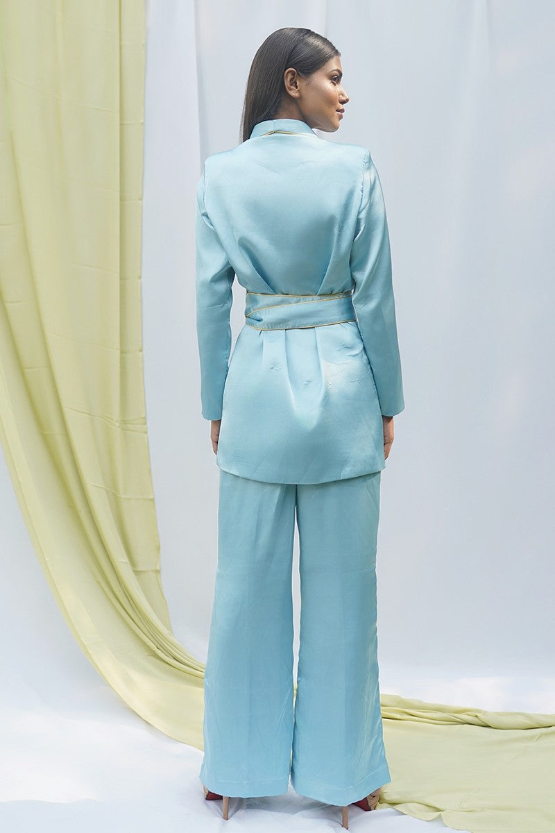 Blue Satin Coat Set With Belt