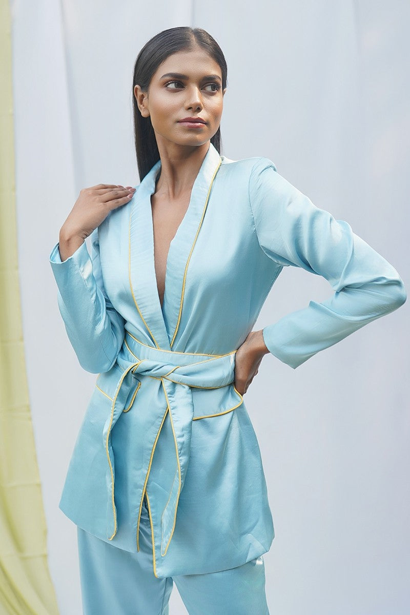 Blue Satin Coat Set With Belt