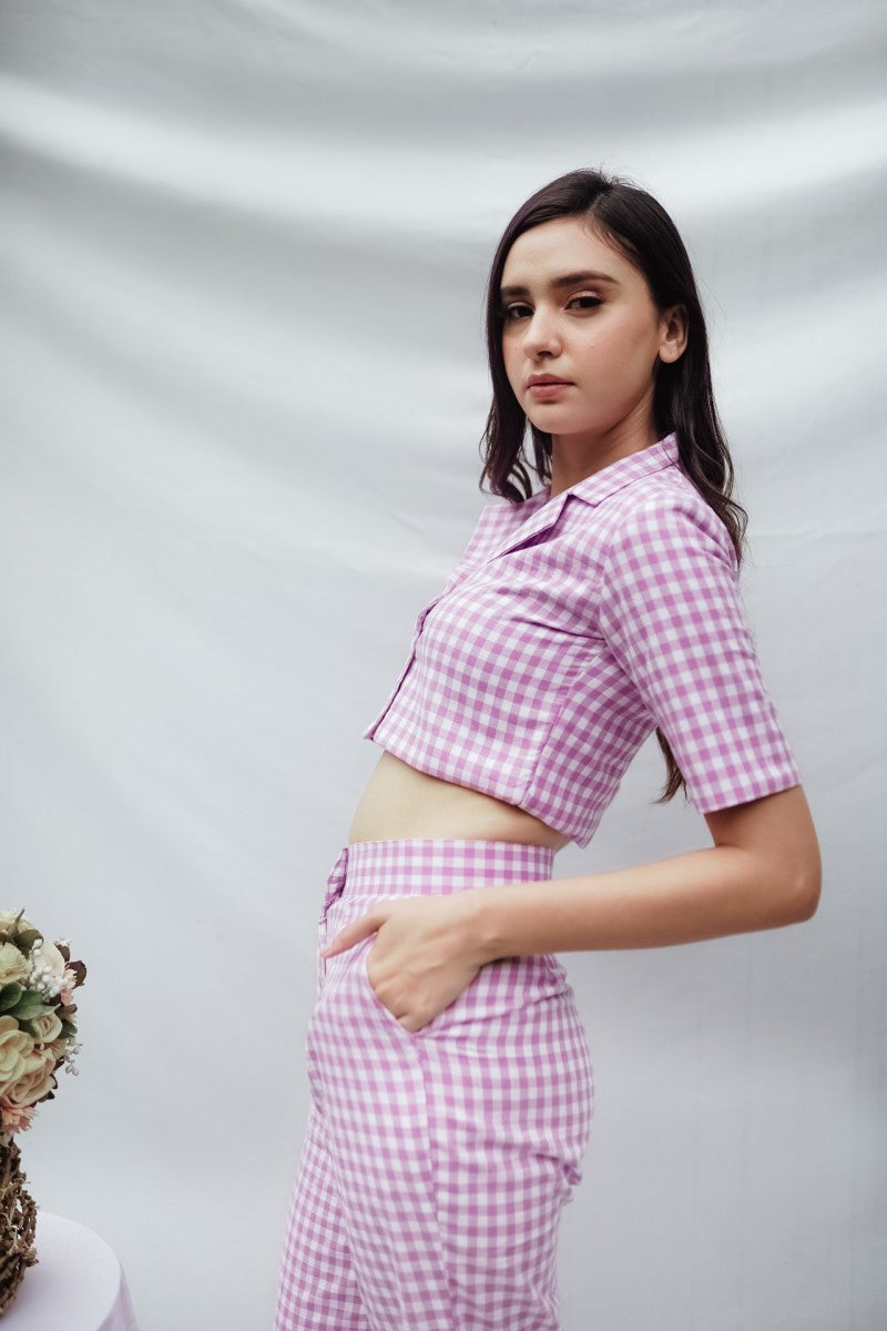 Lavender Checks Crop Blazer Co-ord Set