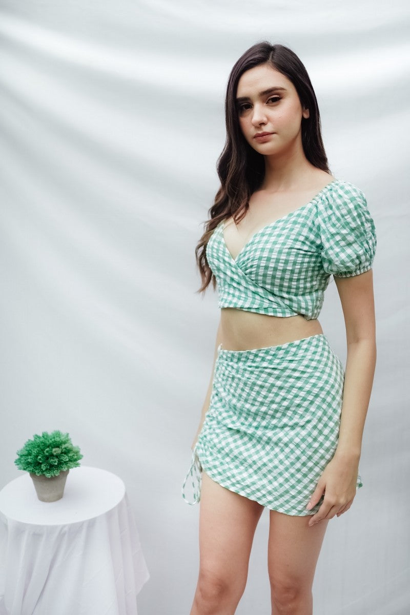 Green Checks Wrap Top