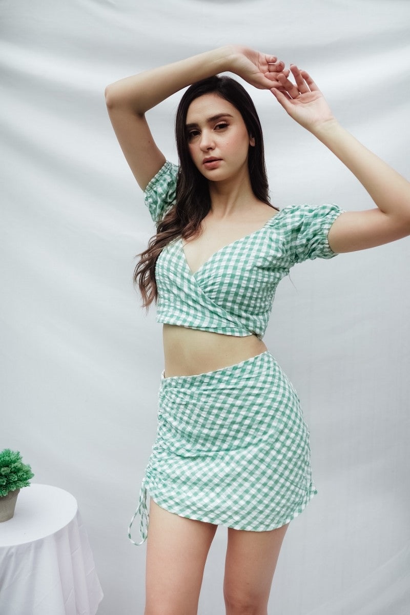 Green Checks Wrap Top