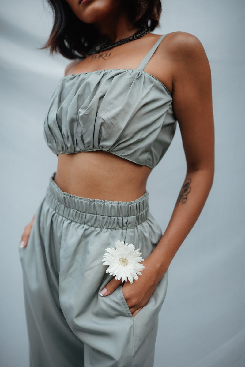 Grey Pleated Crop Top & Pants