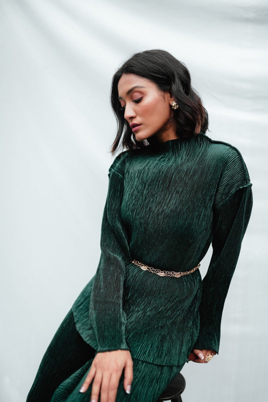 Green Pleated Satin Top