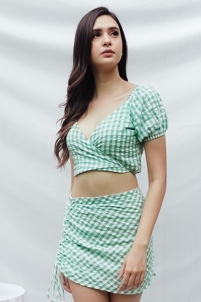 Green Checks Wrap Top