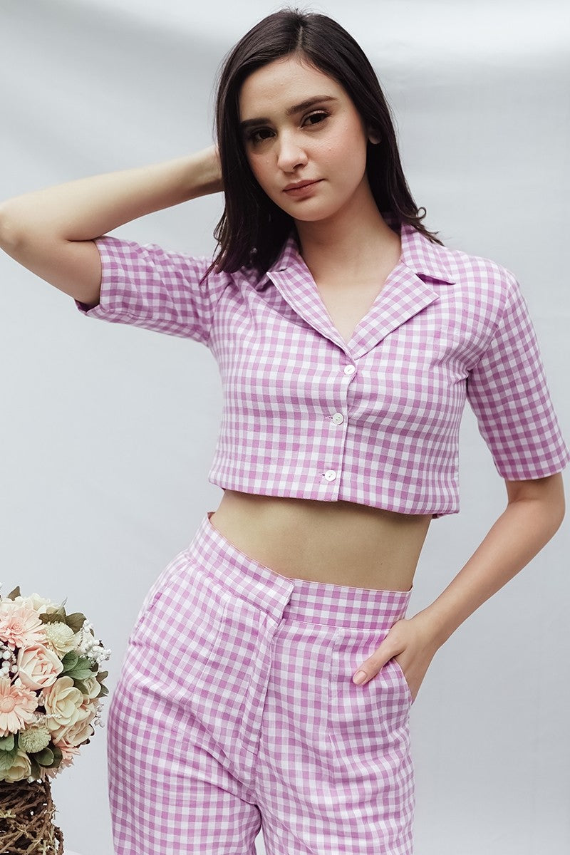 Lavender Checks Crop Blazer