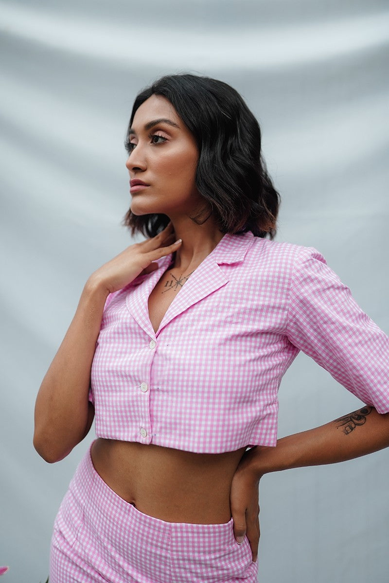 Pink Checks Crop Blazer