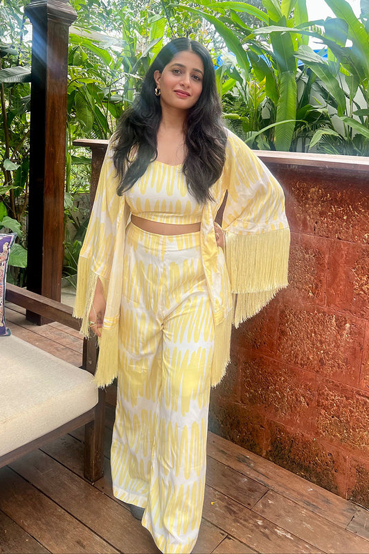 Yellow printed coord with fringes