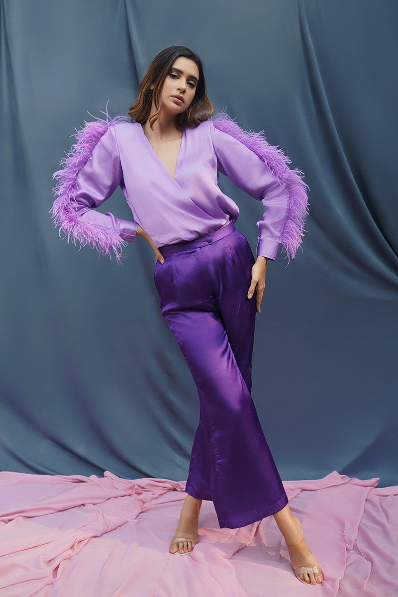 Satin Top With Feathers And Pants