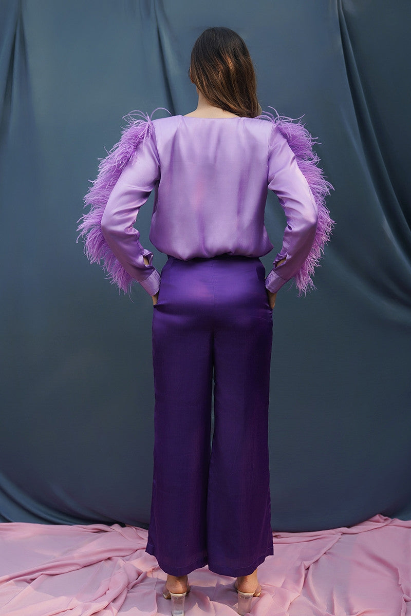 Satin Top With Feathers And Pants