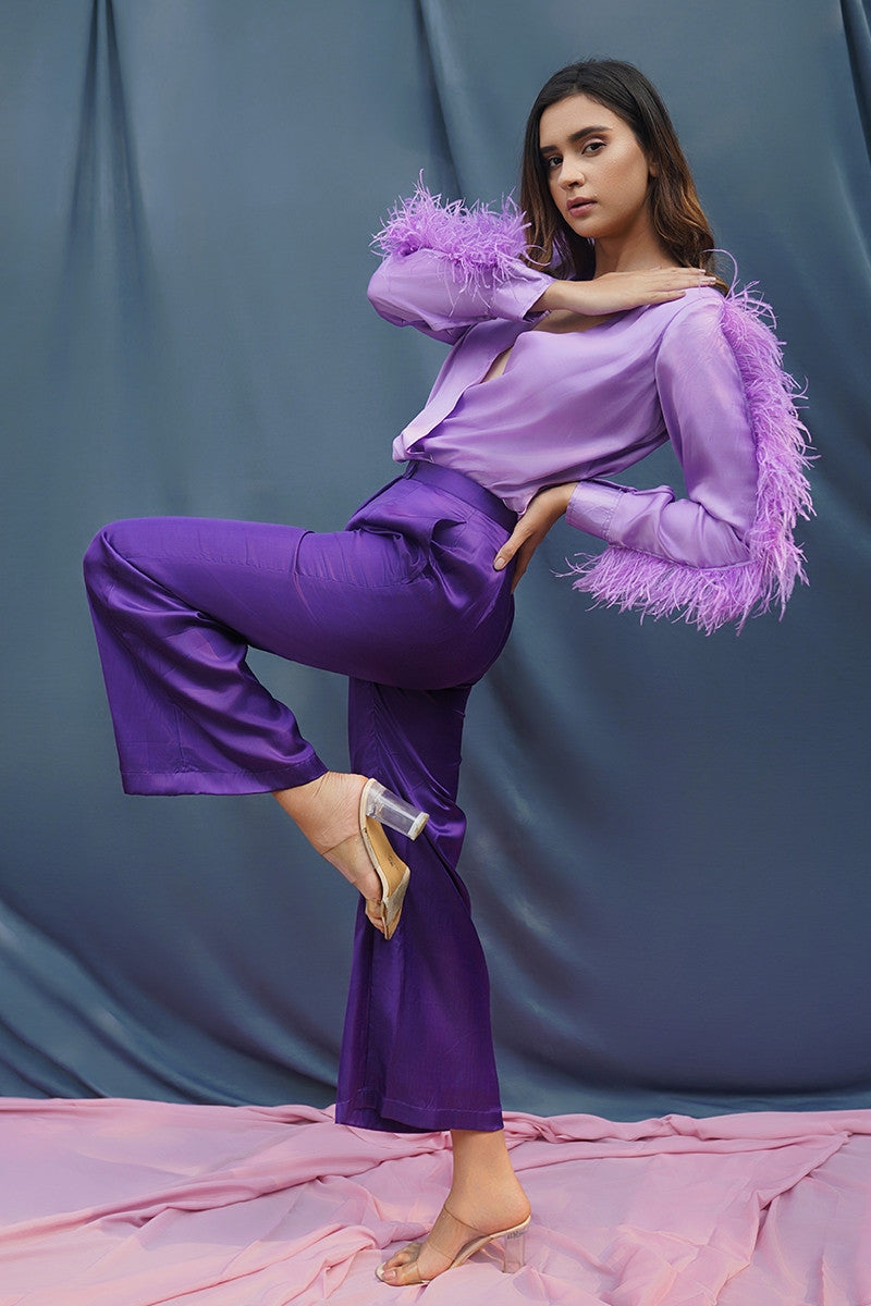 Satin Top With Feathers And Pants