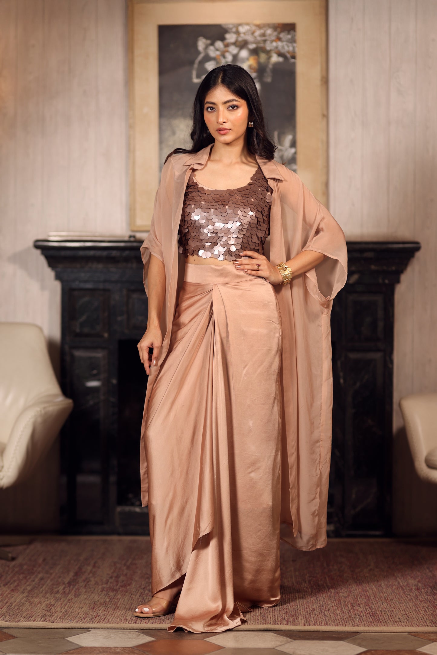 Embroidered sequins with organza jacket