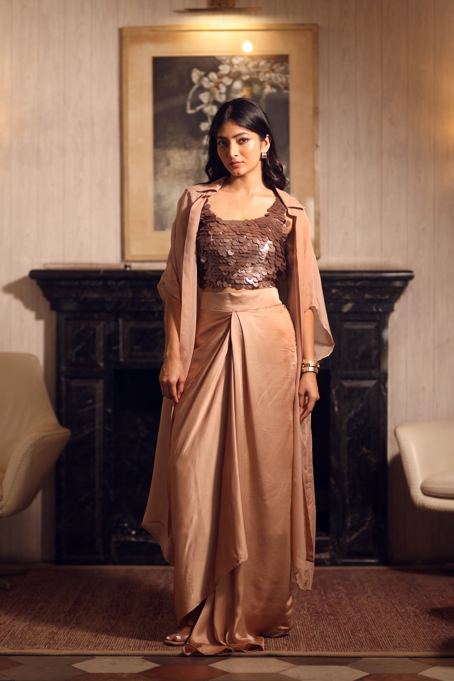 Embroidered sequins with organza jacket