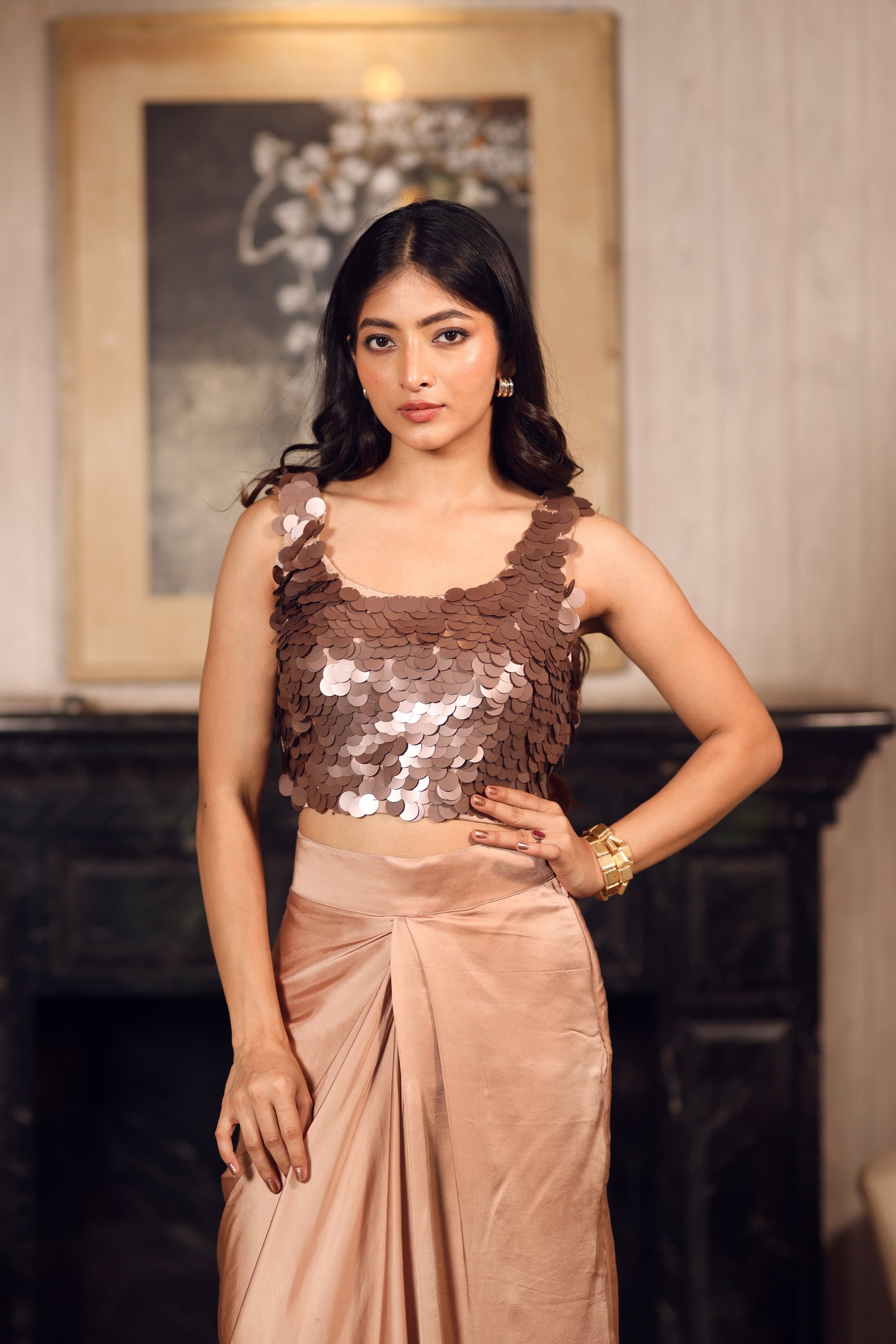 Embroidered sequins with organza jacket